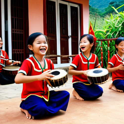 Home 4 **
A heartwarming scene of children in a rural Vietnamese village joyfully playing traditional musical instruments like the *đàn bầu* and *đàn tranh*. The instruments are donated and well-used. The setting is a community center decorated with colorful folk art. Focus on the children's happy expressions and the vibrant cultural atmosphere.
**