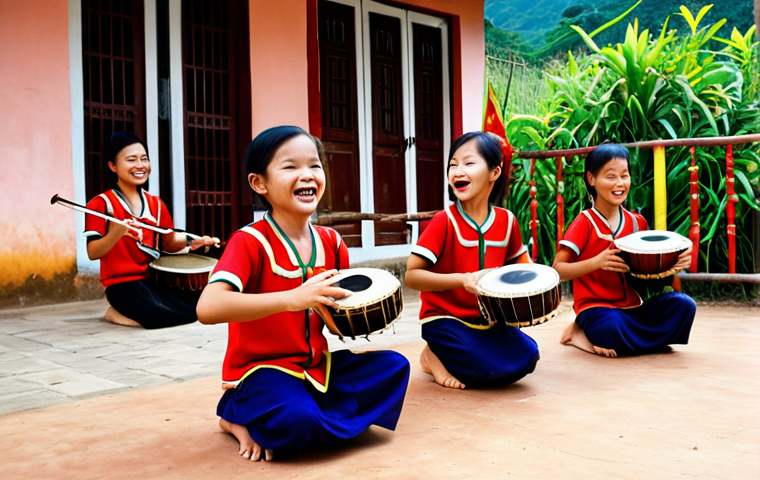 **
A heartwarming scene of children in a rural Vietnamese village joyfully playing traditional musical instruments like the *đàn bầu* and *đàn tranh*. The instruments are donated and well-used. The setting is a community center decorated with colorful folk art. Focus on the children's happy expressions and the vibrant cultural atmosphere.
**